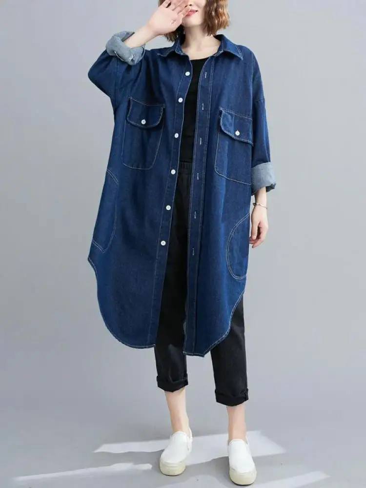 

Весенне-осеннее винтажное модное синее свободное джинсовое пальто с длинными рукавами, женский новый однобортный кардиган, джинсовая куртка, повседневная уличная одежда