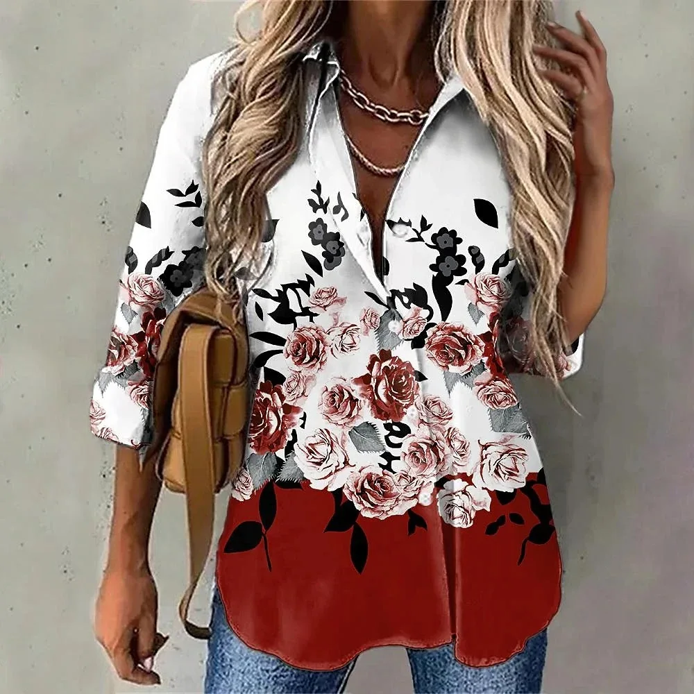 

Fashion Floral Pattern Women Shirts Long Sleeve 3D Flower Printed Streetwear Trend Ladies Blouse 3XL Large Size Casual Shirt