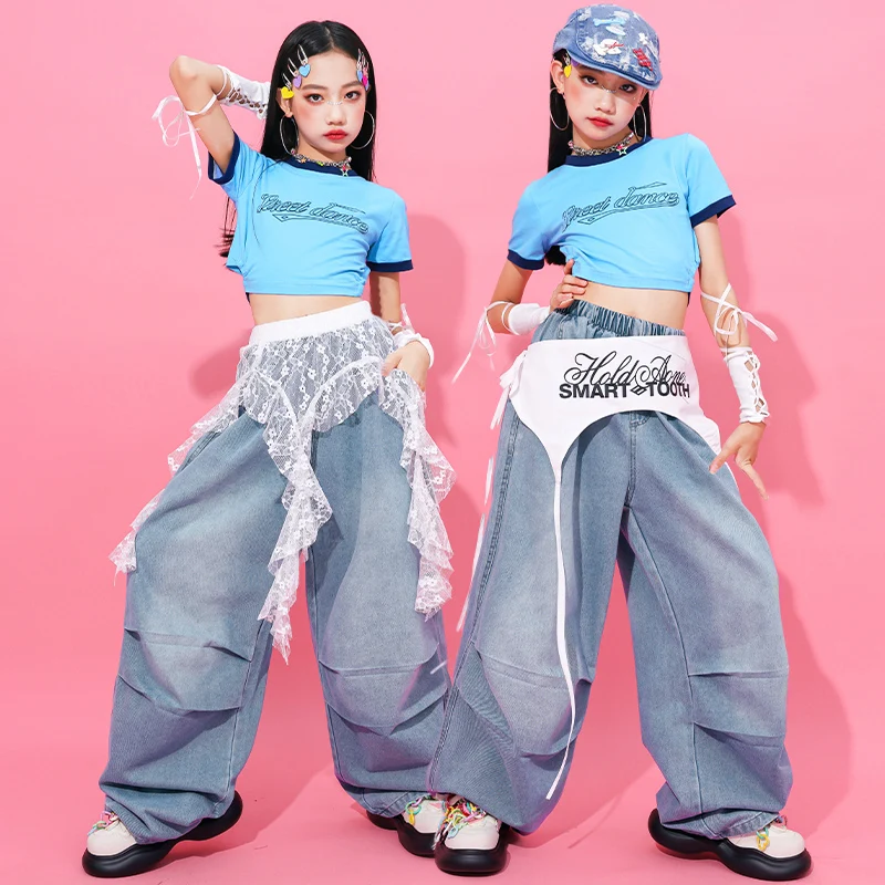 Ragazze Hip Hop Blu Crop Top Gonne a strati Bambini K-pop Streetwear Bambini Jazz Girl Group Costume Teen Street Dance Set di vestiti