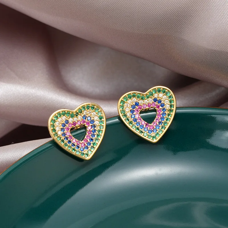 Korean Style New Compact Copper Plated Genuine Gold Heart Simple Micro Inlaid Zircon Earrings for Girls Jewelry Gifts.