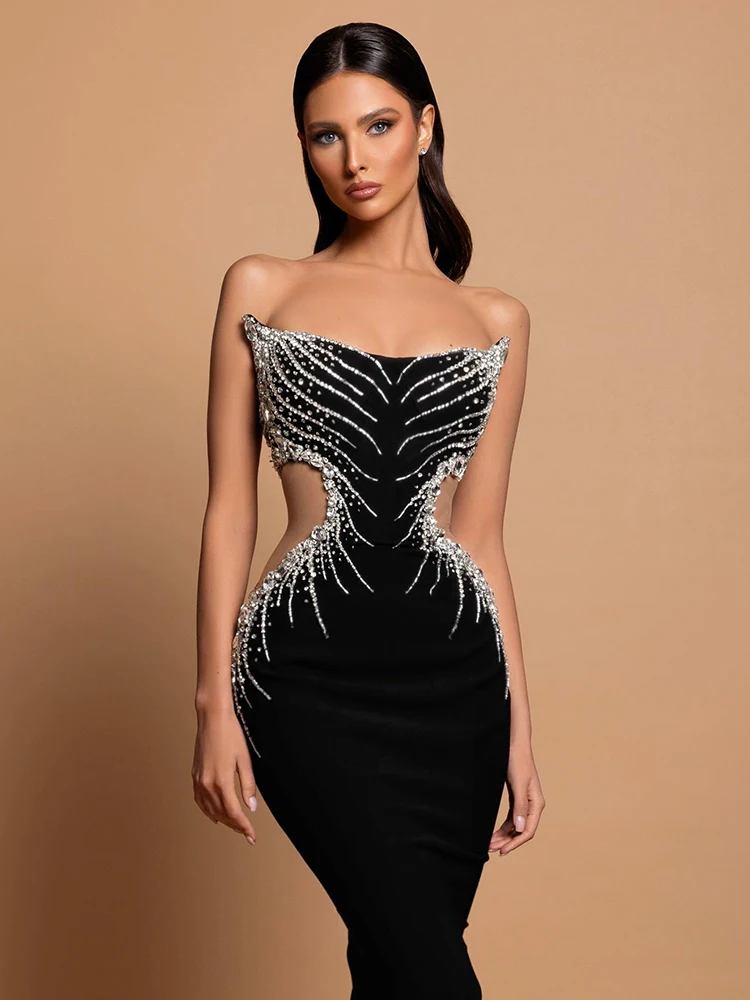 VC Strapless Crystal Black Maxi Long Gown Sparkling Diamond Hollow Tight Elegant Celebrity Party Evening Dress