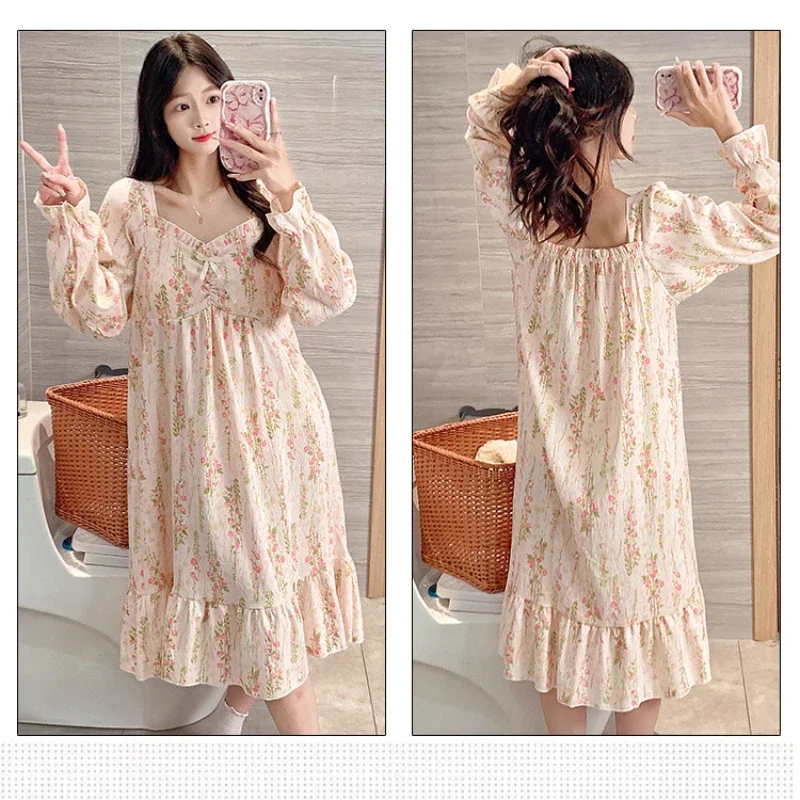 Plus Size Women Spring and Autumn Loose Home Dress with Chest Pad Sweet Princess Style Long Sleeve Pajamas Nightdress Loungewear