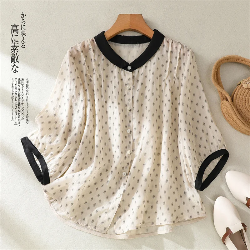 

Мягкая хлопково-льняная винтажная блузка с воротником-поло, женская рубашка с коротким рукавом и цветочным принтом, свободный летний дышащий топ