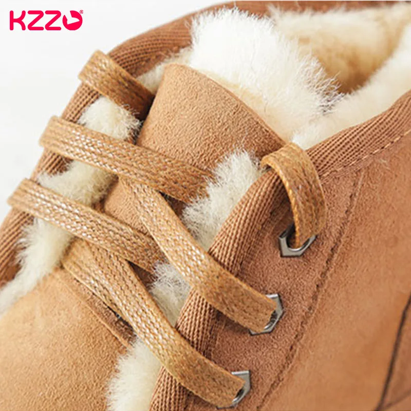 KZZO New Real Sheepskin Lace-up Ankle Boots For Men Natural Wool Lined Casual Leather Winter Keep Warm Shoes Waterproof  Black