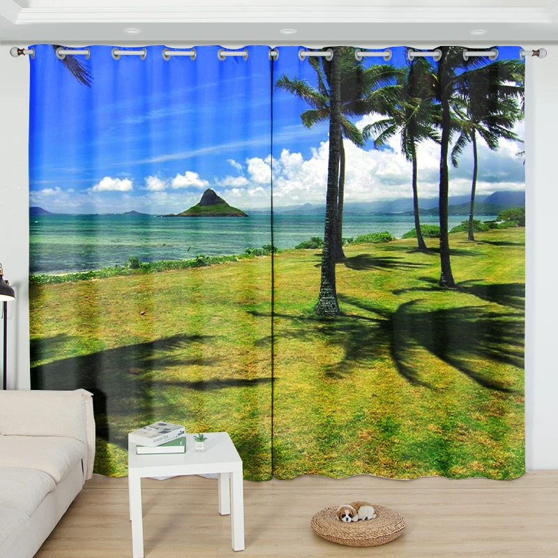 2Panel Tourist Landscape Curtains Green Tree Blue Sea Printed Curtains Custom Bedroom Living Room Semi-blackout Window Cortinas