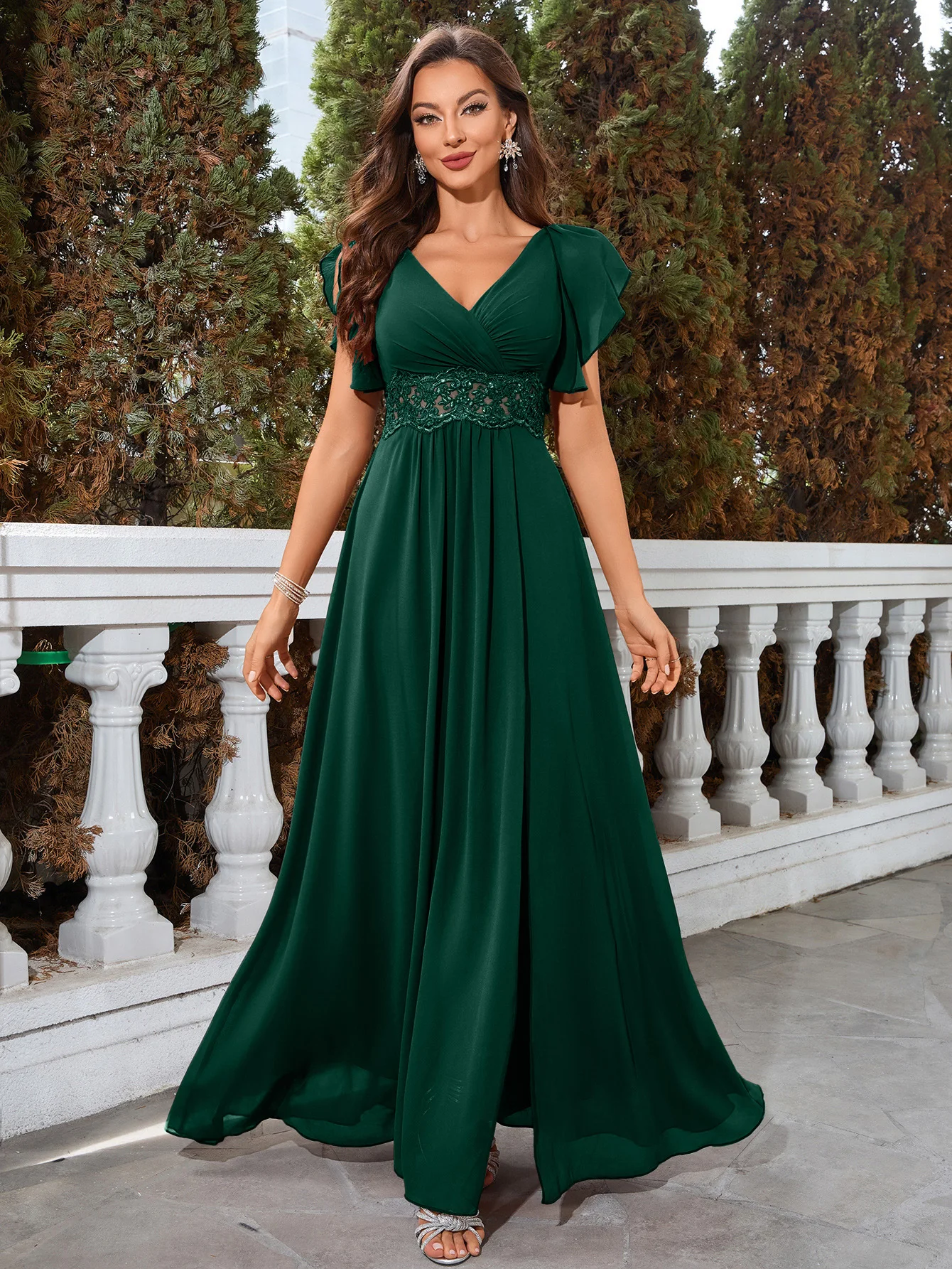 

UNITHORSE Embroidered Chiffon Formal Dress With Waist Cinching, Elegant Prom Evening Wedding Guest Gown, For Graduation