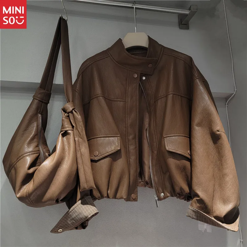 

Miniso Hong Kong Style PU Leather Jacket, Retro Stand Collar Biker Coat with Bag