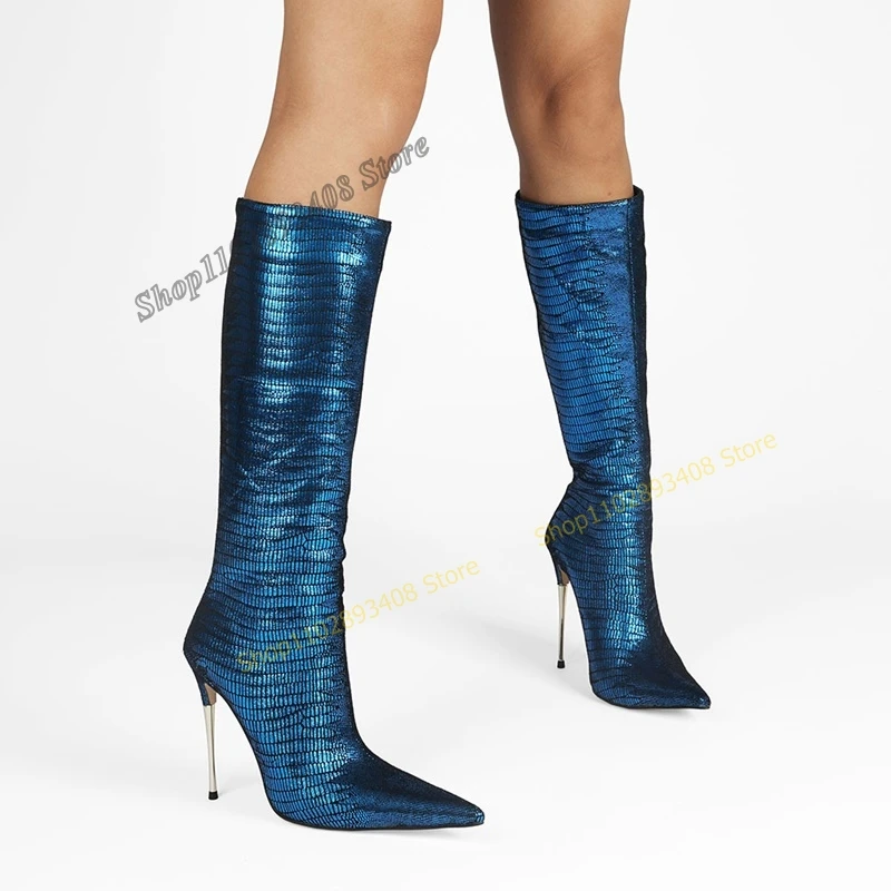 Deep Blue Glitter Mid Calf Boots Metal Thin High Heel Pointed Toe Back Zipper Women Shoes 2023 Fashion Sexy Zapatos Para Mujere