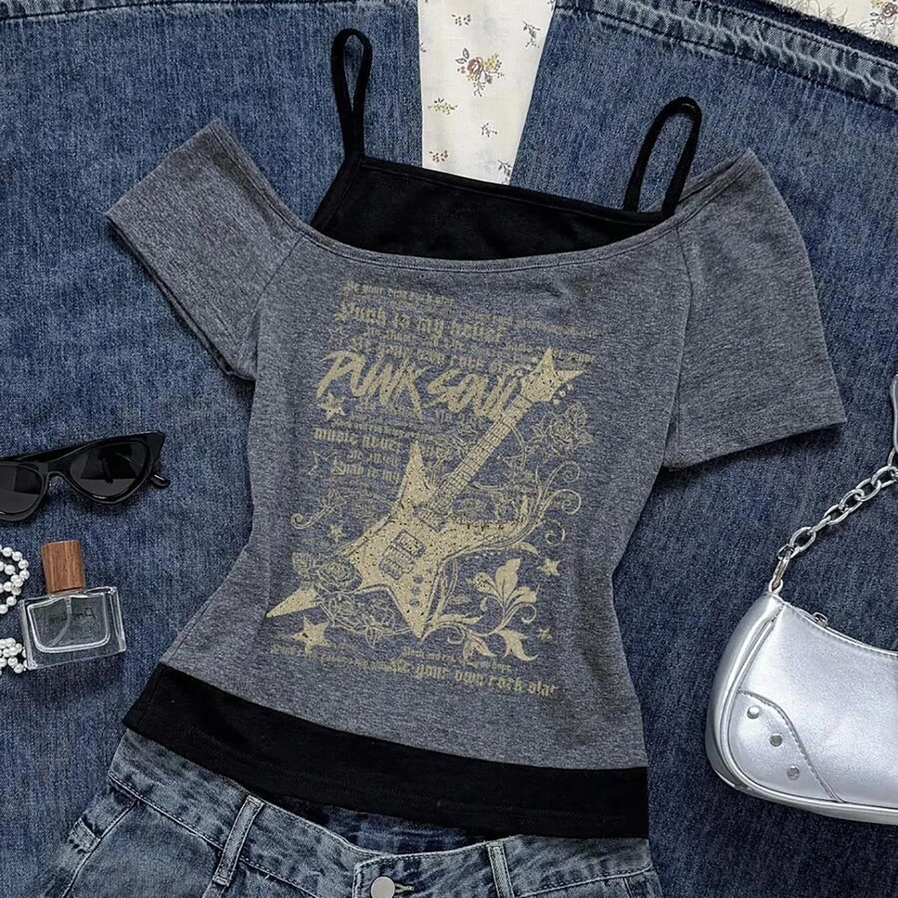 American Vintage Fake Two Piece Halter Lace Up T-shirts Y2k Slim Fit Print Tops Women Off Shoulder Short Sleeve Tee Shirt Neploe