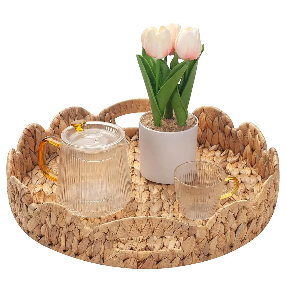 Round Scalloped Serving Tray,Decorative Water Hyacinth Scalloped Basket,Round Ottoman Trays for Coffee Table,Kitchen,Living Room