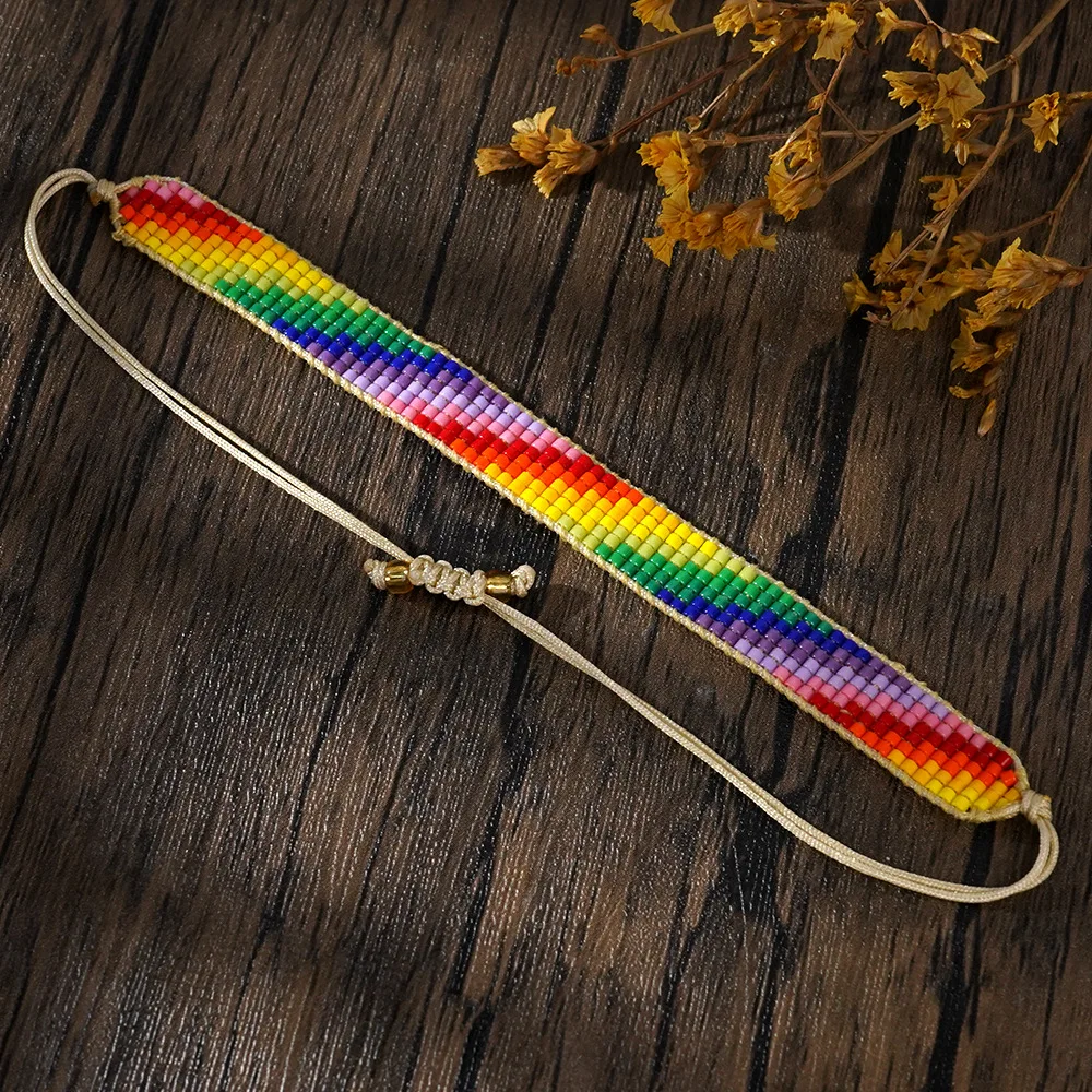 

Браслет из бисера Радуга Ручное вязание Дизайн Градиент цвета Геометрия Оригинальность Богемия Регулируемый браслет из рисовых бусин