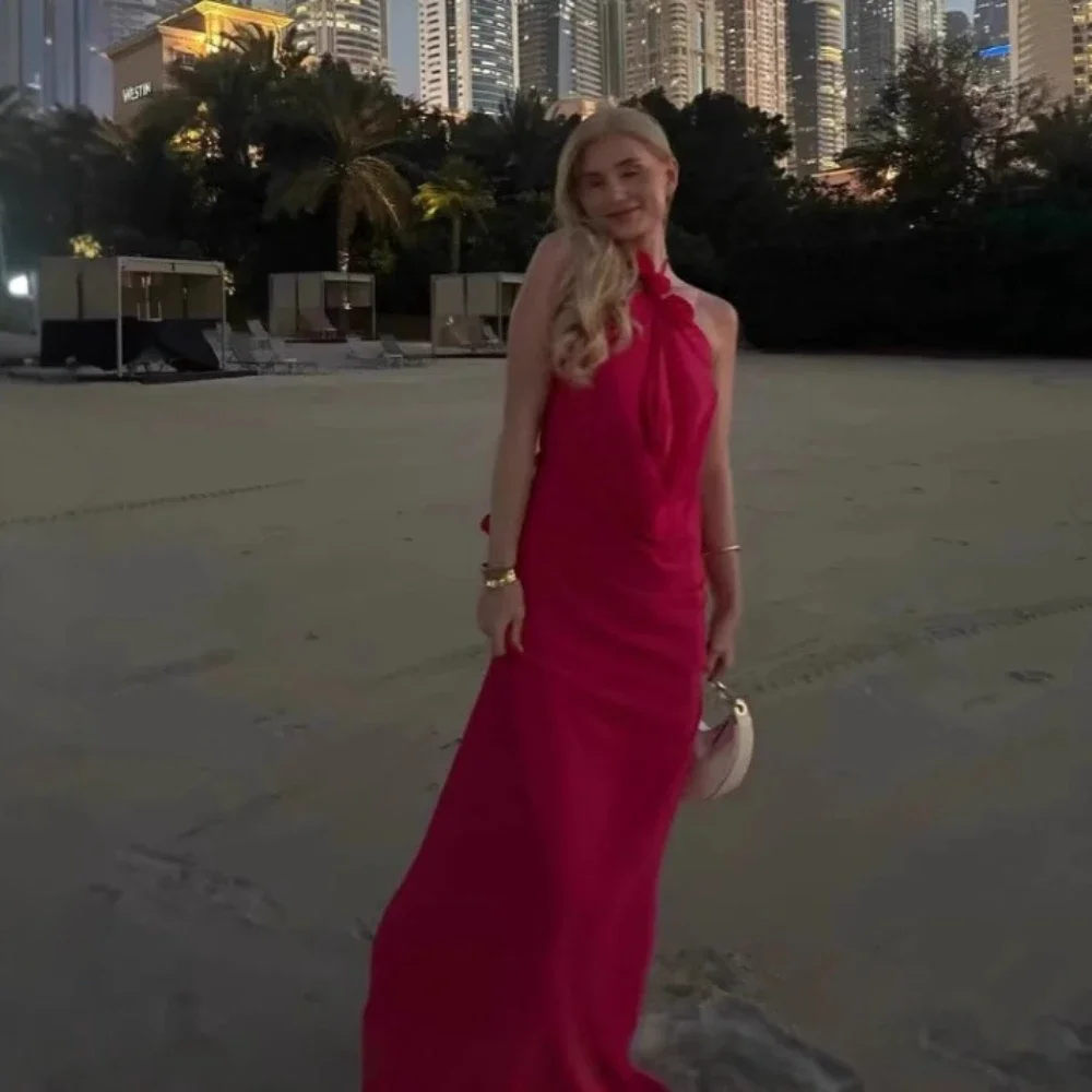 

Summer Backless Maxi Dress Women 2025 New Rose Elegant Draped Dress Fashion Halter Vestidos