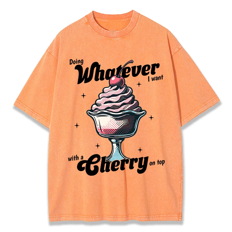 

Strawberry Ice Cream Prints Washed T-Shirts Womens Cotton Oversized Tops Distressed O-Neck Comfortable Streetwear Summer Clothes