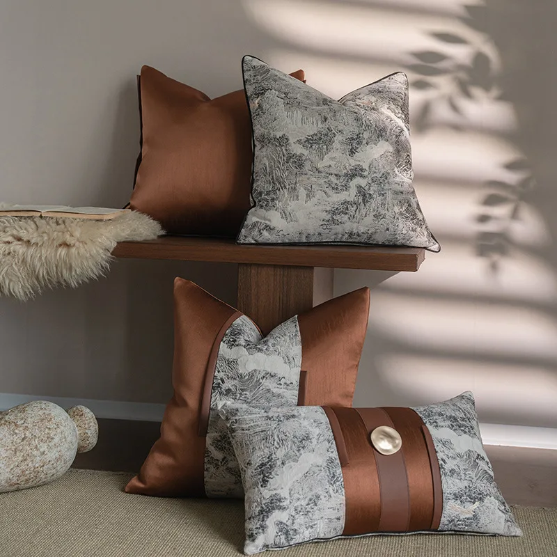 Modern High-End Luxury Cushion Cover Chinese Retro Jacquard Pillow Covers Brown Gray High-Precision Pillowcase Villa Home Decor
