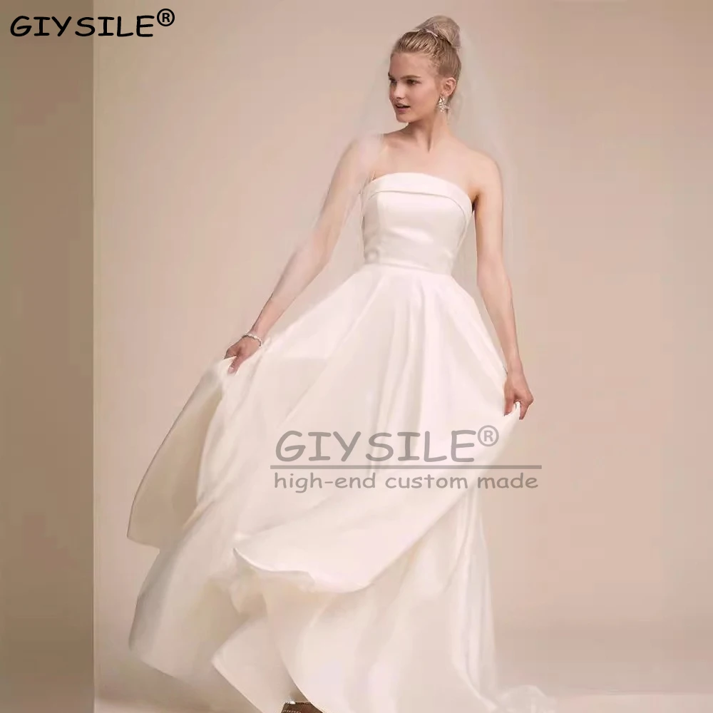 

GIYSILE Customized A Line White Satin Wedding Dresses For Women 2025 Simple Bride Strapless Bridal Gowns vestidos de novia boda
