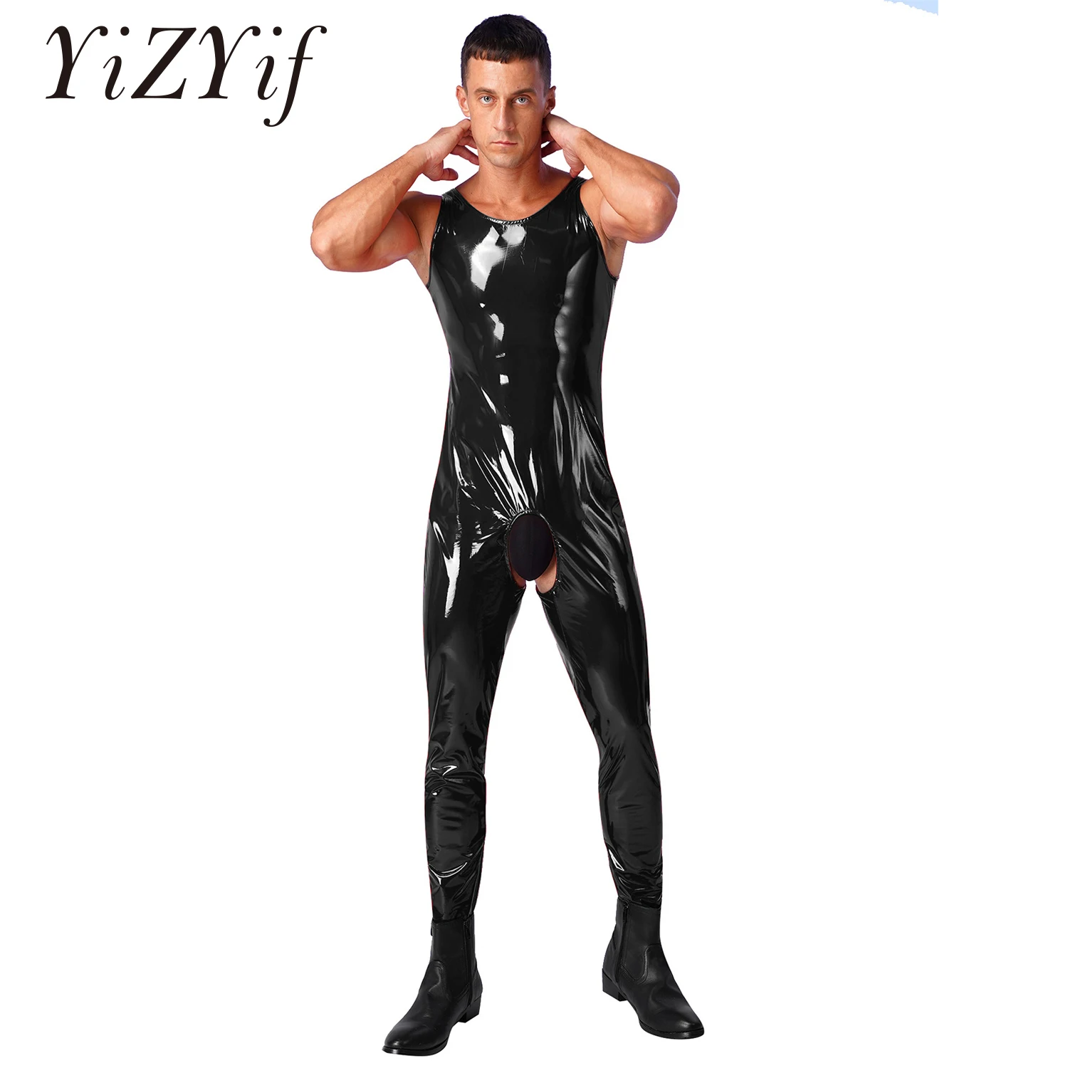 

Sleeveless Wet Look PVC Catsuit Crotchless Open Crotch Bodysuit Tights Sexy Skinny Jumpsuit Shiny PU Leather Clubwear Leotard