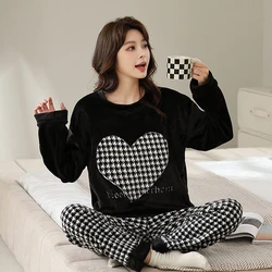 Flannel Pajamas Set for Girl Autumn Winter Warm Flannel Women Pyjamas Sets Thick Coral Velvet Long Sleeve Cartoon Sleepwear