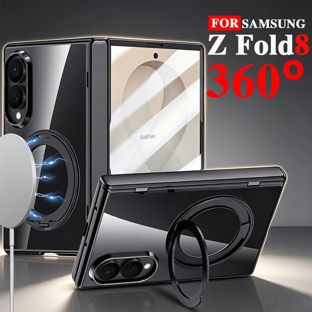 Luxury Holder Clear Case For Samsung Z Fold 8 Magnetic Glass film Protection Anti-fingerprint Hard Plating Stand Back Cover