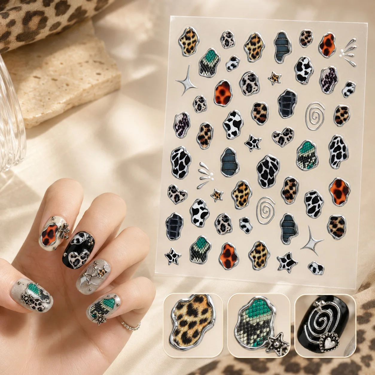 Wild Retro Leopard Kuh Schlangenhaut Metallrahmen Unregelmäßige Steintextur Stern Spirale Asterisk 5D Nagelkunst Aufkleber Dekor Maniküre