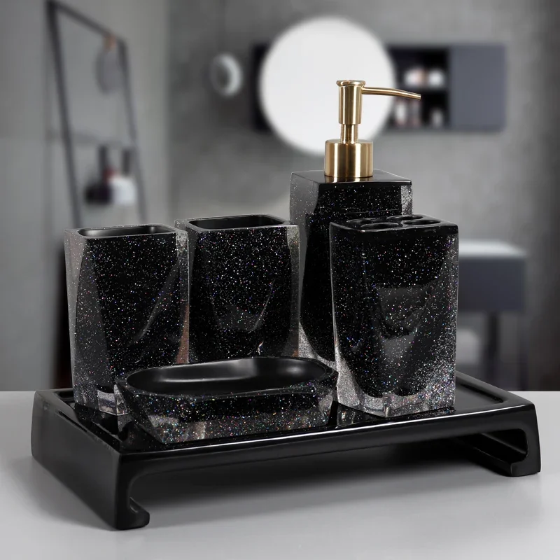 

Bathroom Five Piece Set Black Toiletry Lotion Bottle Mouthwash Cup Tray Storage Accessories Toilet Soap Dispenser