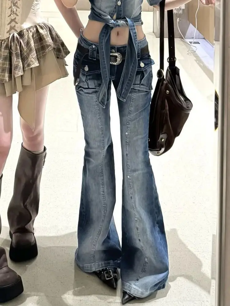 American Retro Three-dimensional Pocket Rivet Micro-pull Jeans Women's Summer Low-rise Slim-fit Floor Pants