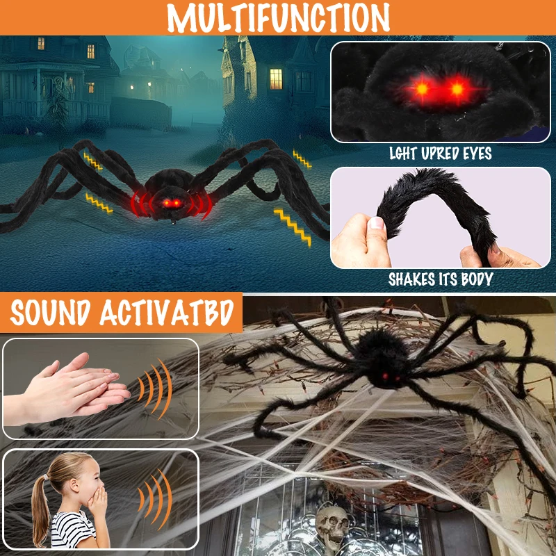 32Inch Halloween Giant Spider,Halloween Animatronics Crawling Spider,Sensor Activated Creepy Sound Red Eyes Movable Plush Spider