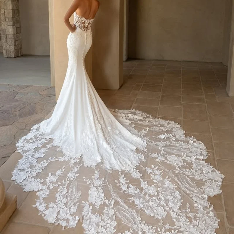 Lace White Wedding Dresses flower Decal off-shoulder  fishtail skirt long tail Gowns slit wedding dress Bridal Gown