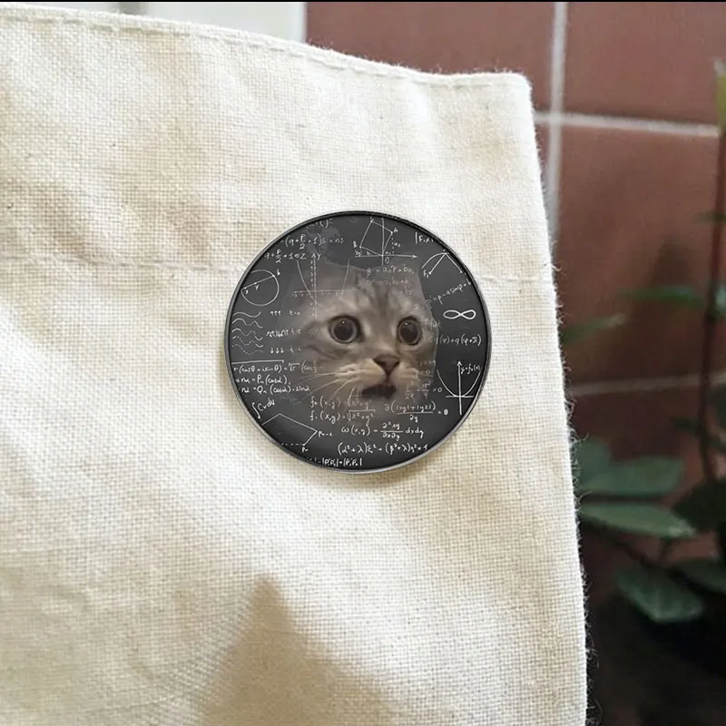 Smart Cat Surrounded By Math Formulas Blackboard UV Printing Badge Genius Pet Science Nerd Pin Backpack Brooch Jewelry Gifts