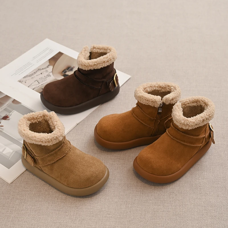 Children's Snow Boots Size 26-36 Camel Padded Thickened Boys and Girls Cotton Shoes Khaki Simple Hundred Soft Kids Short Boots