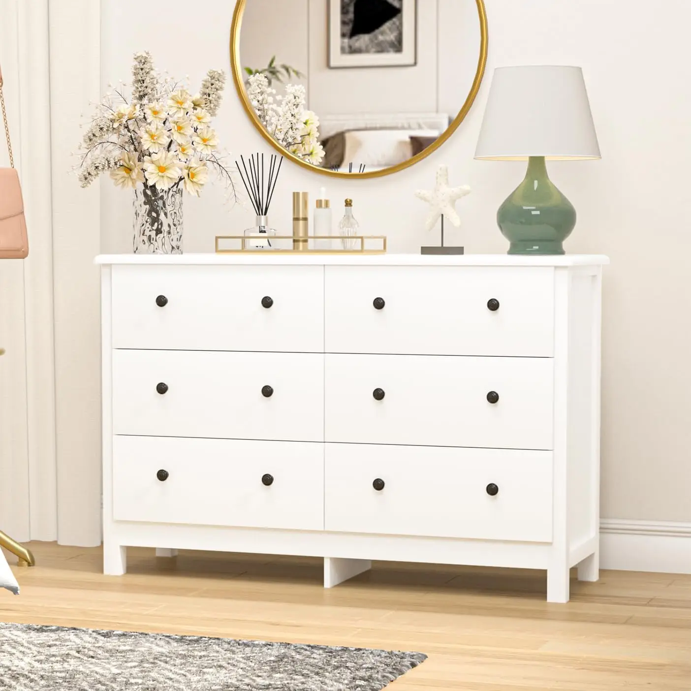 White Dresser for Bedroom, Modern 6 Drawer Dresser for Living Room, Hallway, Wide Chest of Drawer with Black Pulls