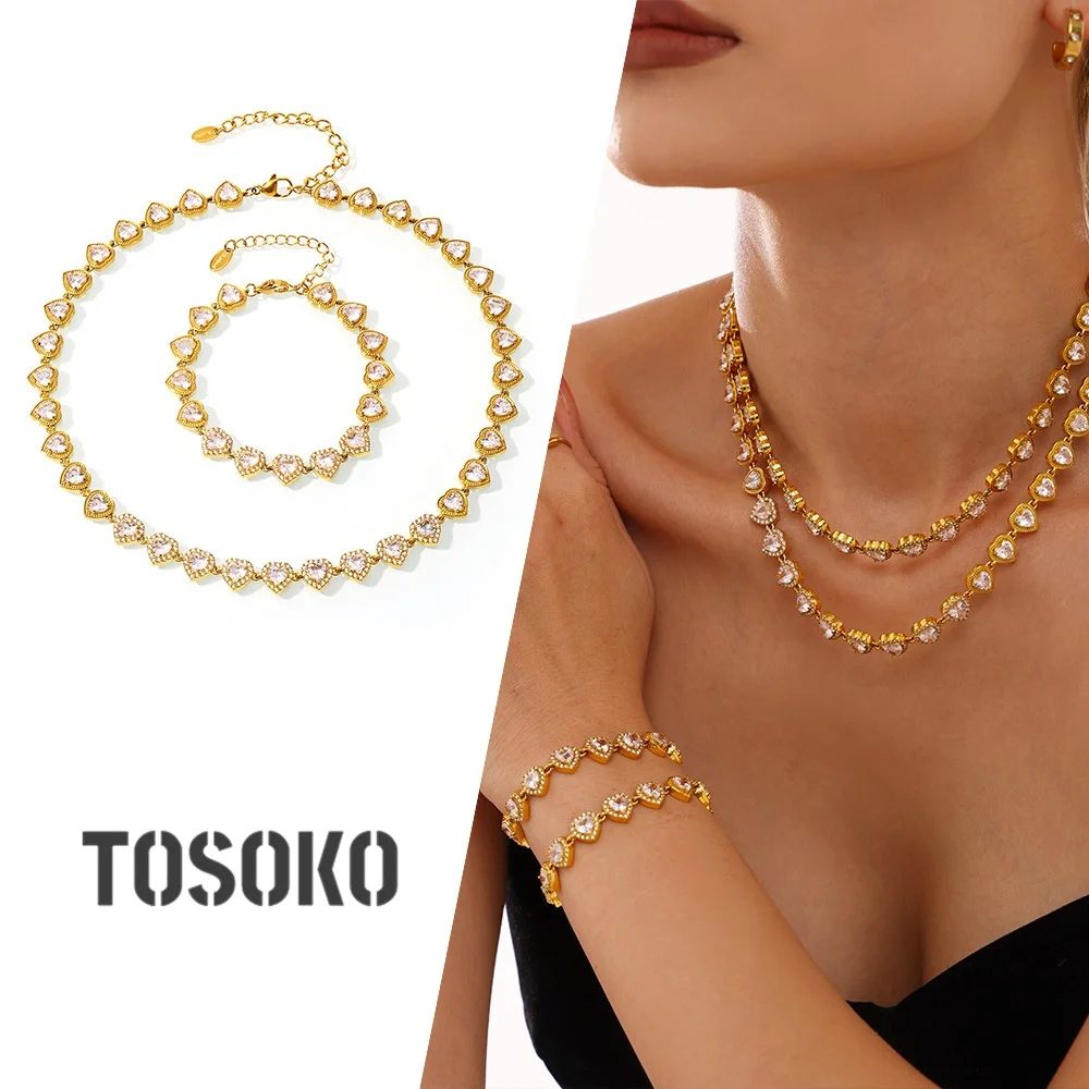 TOSOKO Super Sparkling Starry Sky Exquisite Zircon Heart Splicing Stainless Steel Necklace Bracelet Set P205