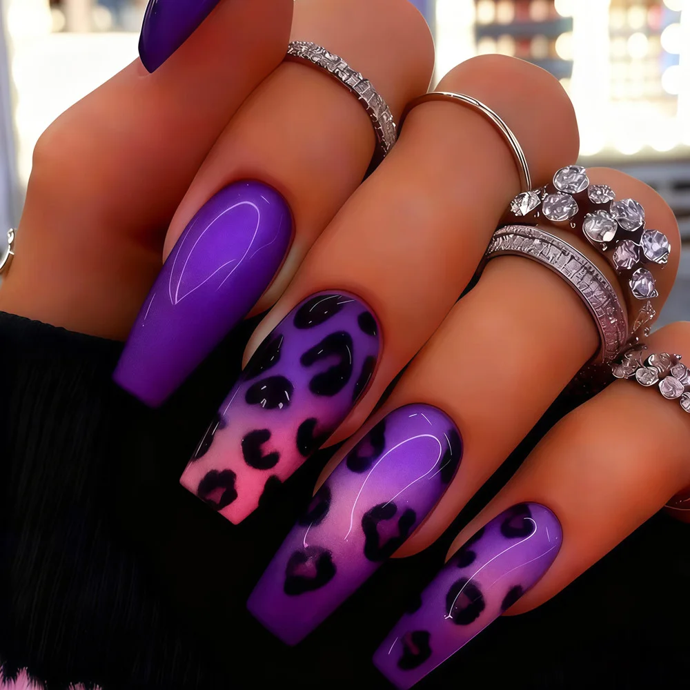 Medium fake nails tips for women girls gradient purple blue green red black leopard printing Square almond tips press on nails