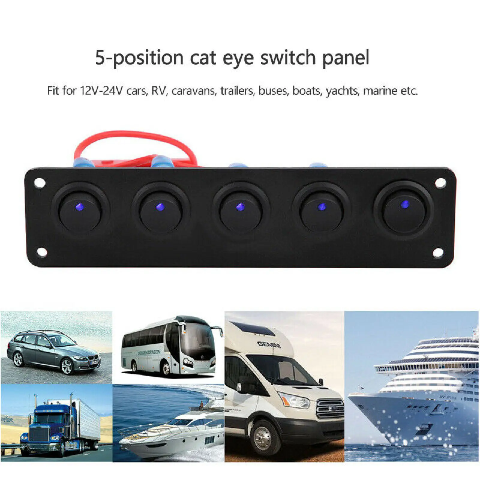 12-24 فولت 5-Way الروك تشغيل/إيقاف لوحة التبديل جولة داش الروك مجموعة دوائر كهربائية ل RV قارب يخت البحرية تبديل لوحة مفاتيح LED زرقاء