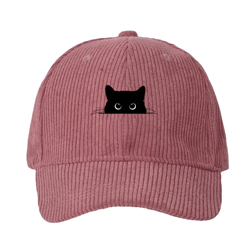 Customize Corduroy Baseball Cap Men Black Cat Peeking Design Mysterious Feline Adjustable Dad Cap Whimsical Style Night Out Hat