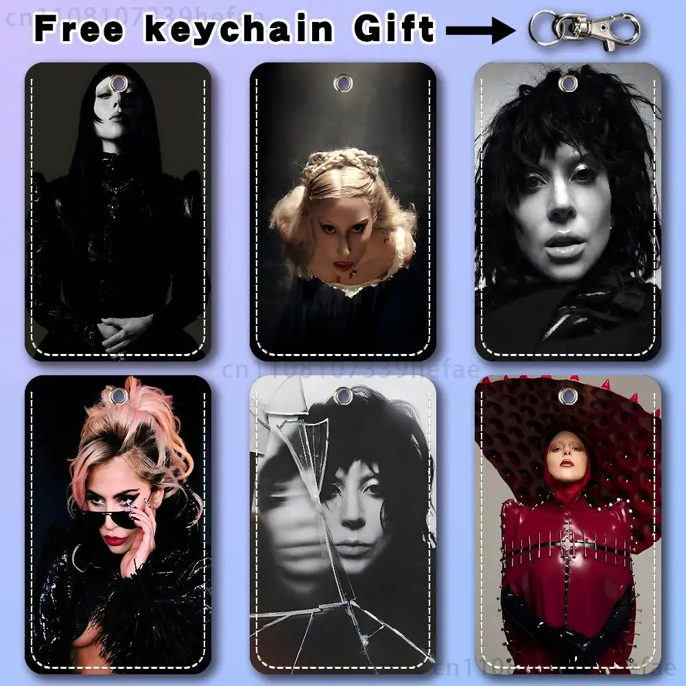 

L-Lady G-Gaga Famous Singer Rectangle Card Case Keychain Access Card Bag Key Tag Ring Leather Card Holder Key Ring Access