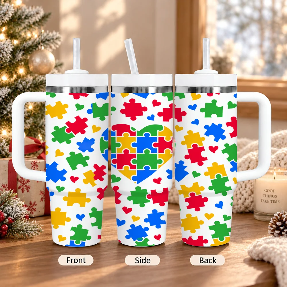 Autism Puzzle Vacuum Flasks 40oz Insulated Stainless Steel Tumbler with Handle & Straw, Hot Cold Gift Cup