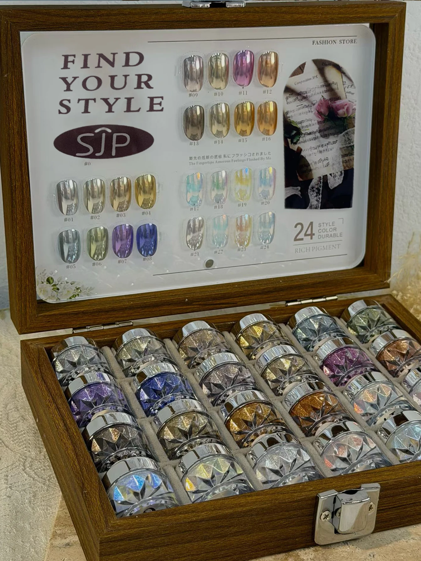 مجموعة مرآة فنية للأظافر عالية اللمعان باللون الوردي على شكل ضوء القمر 1/24 لونًا مع بطاقات ملونة وصندوق تخزين. DIY مسمار الفن، فن الأظافر الفني Charmi #4