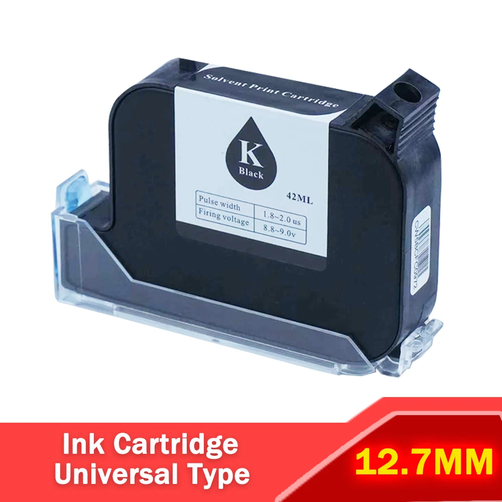12.7MM Continuous Ink Cartridge 42ml Black, Fast Dry Solvent Ink, Unlocked/Chipless, Replacement for handheld inkjet printer