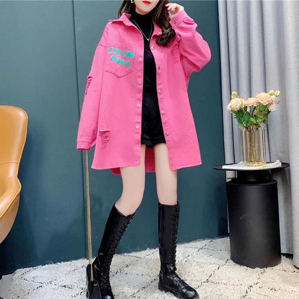 Autumn Denim Shirt Jacket Women Retro Korean Loose Letter Print Long Irregular Bottom Hole Blouses Female Casual Long Shirt Coat