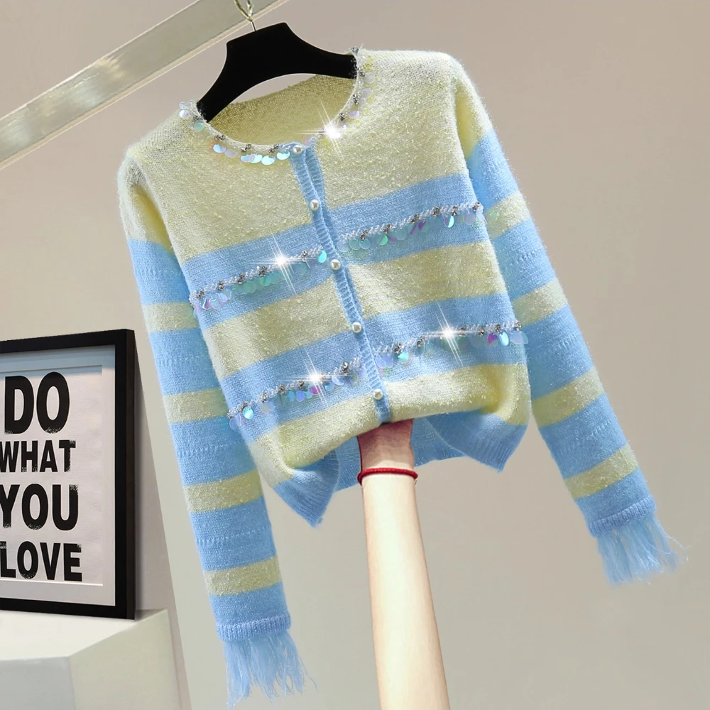 

Вязаный кардиган с длинными рукавами и пайетками из бисера, свитер в сине-желтую полоску, осенний вязаный топ в корейском стиле с кисточками и цветными блоками 2023 г.