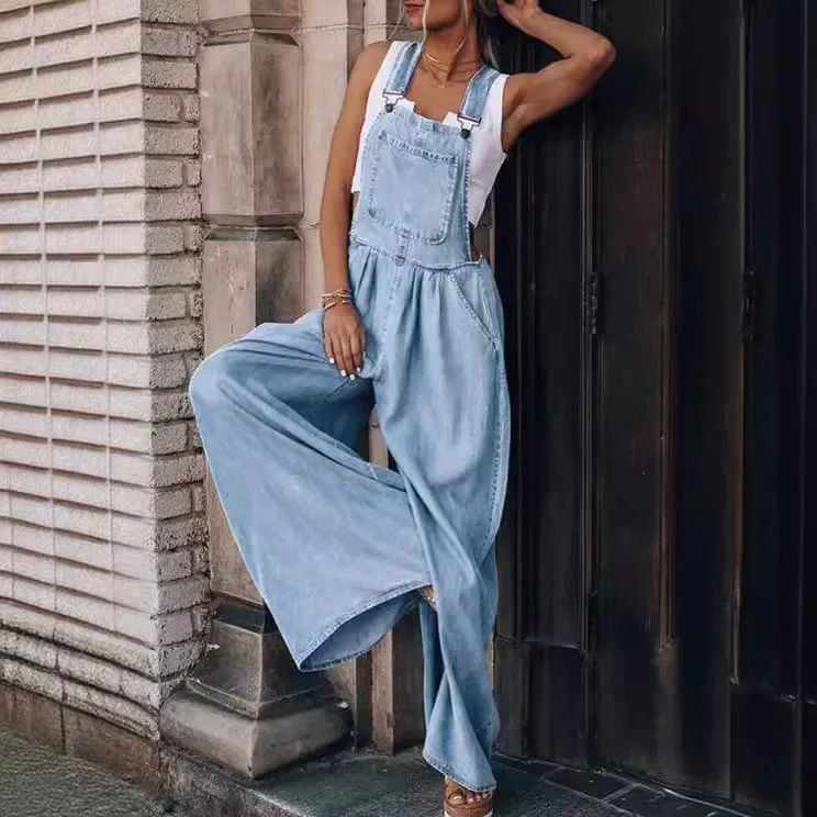 Women Sleeveless Long Loose Wide Leg Pants Jumpsuits Overall Full Length Denim Jeans Jumpsuit