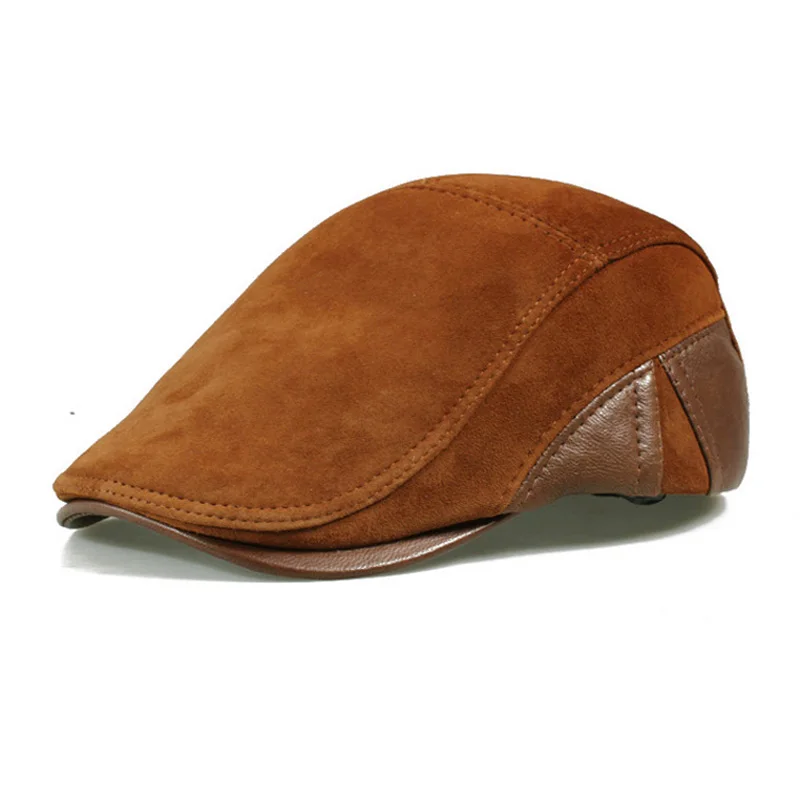 Golf European Style Genuine Leather Caps Beret Man Casual Sheepskin Suede Black/Brown Fitted Duckbill Hats Male Boina