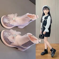 Kid Shoe Fashion Girl Boots Autumn 2023Trend Soft Sole Princess Boot Non Slip Two Cotton Leather Boot Bow Ankle Boot Botas