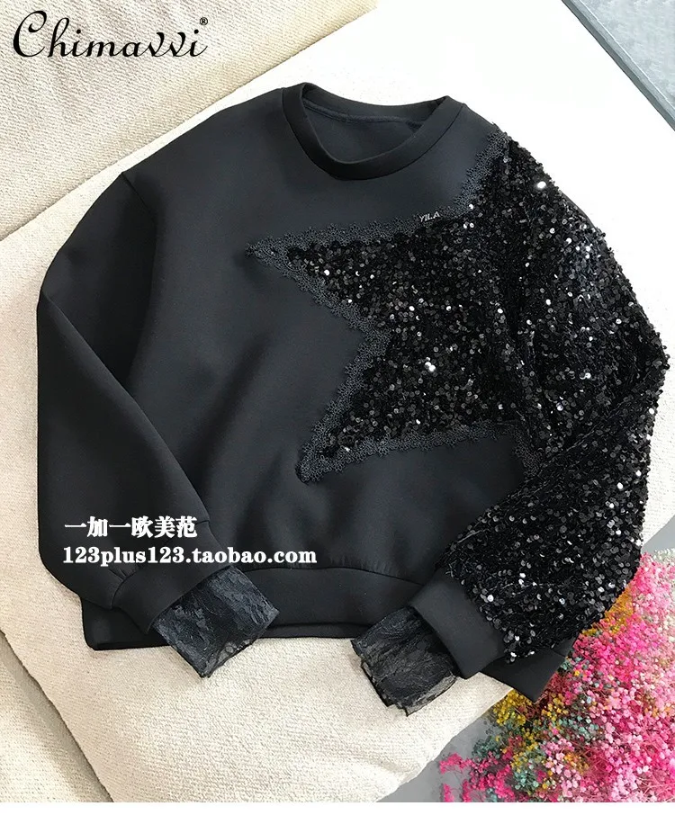 

Fashion Space Cotton Sweatshirt Women Heavy Craft Sequin Pentagram Lace Sleeve Loose Long Sleeve Pullover Top 2025 Autumn