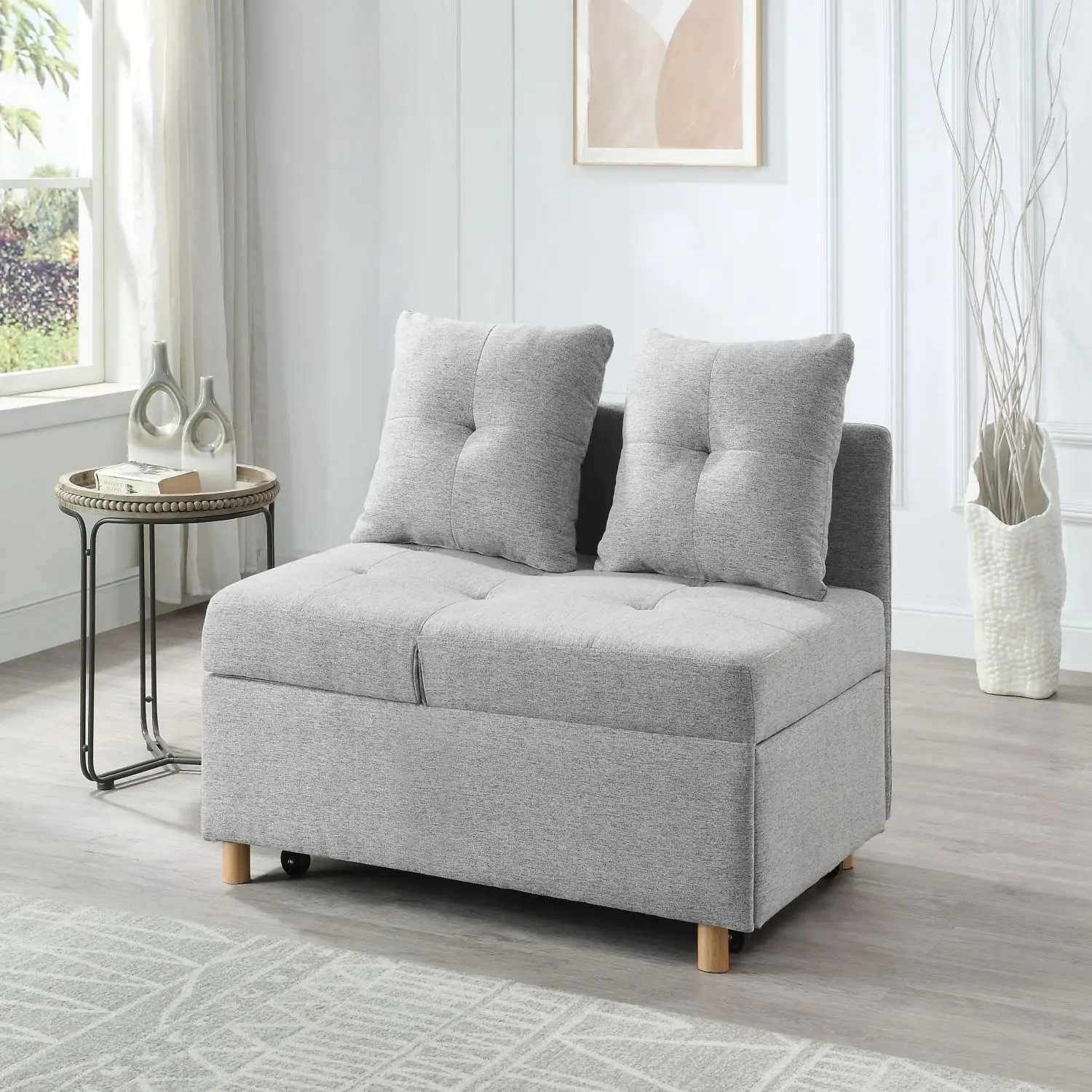 Four in one convertible sofa, single retractable sofa, 6-position adjustable backrest, sofa bed with 2 pillows, light gray