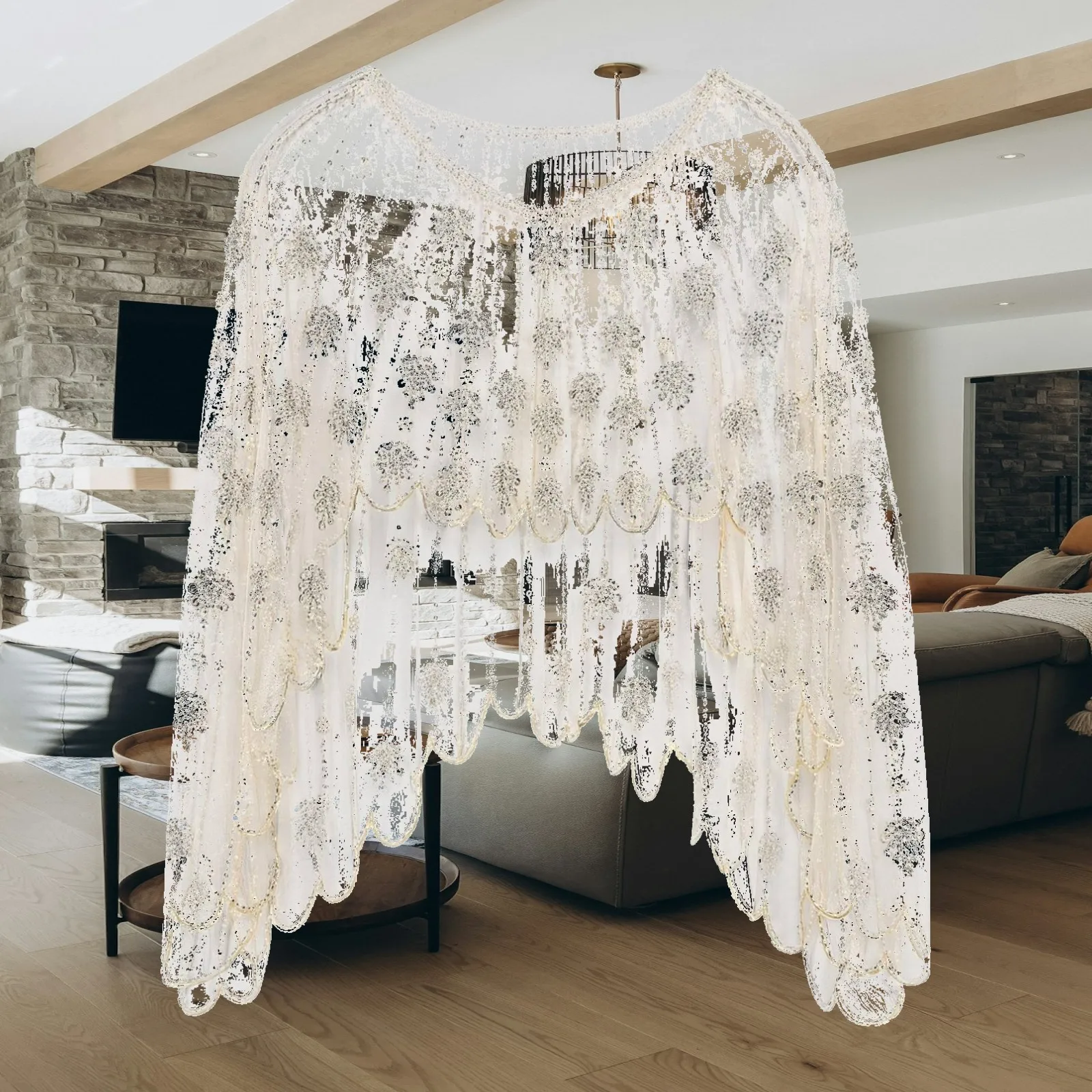Female Sheer Sparkle Cape Wrap with Long Sleeves Rounded Neckline for Gala Evening Look