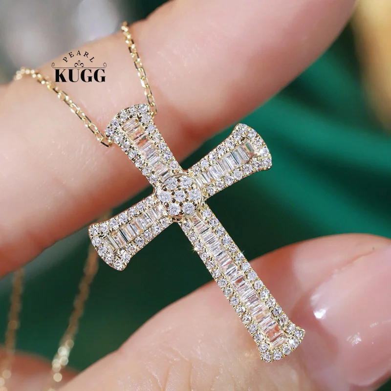 KUGG 100% 18K Yellow Gold Necklace Fashion Cross Pendant 0.65carat Real Natural Diamond Necklace for Women High Party Jewelry