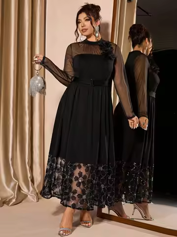 Black Plus Size Evening Dress with Sheer Sleeves, Floral Lace Hem &amp; Belted Waist
