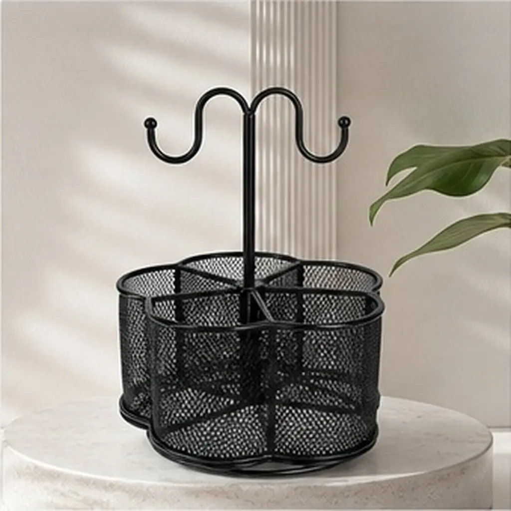 Iron Mesh Pen Holder Organizer Mesh Pencil Cup Plum Blossom Pattern Handle Hook Desktop Stationery Office Study