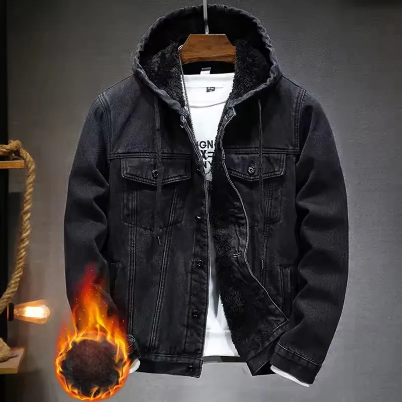 Hooded Denim Jacket Men's Retro Jacket Autumn and Winter Coat Hooded Plus Velvet Windbreaker Thickened and Warm for Men